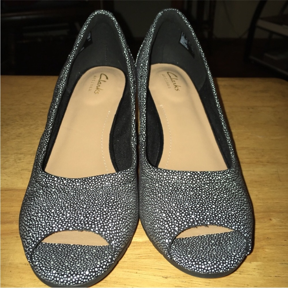 Vendra Daisy Wedge Round Peep Toe Pumps Womens Size 8.5M Black White Polka Dots